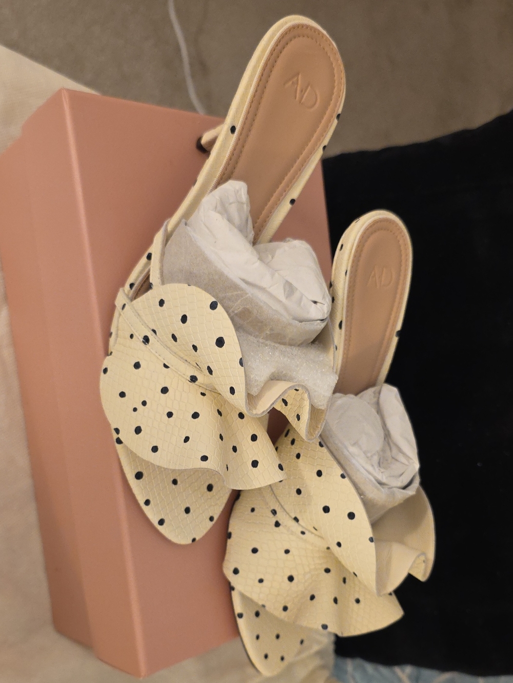 Cream Polka Dot Ruffle Slide Mules - Picture 4 of 7